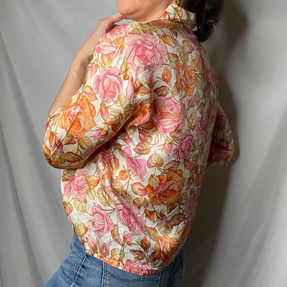 Vintage 70s pink roses print floral 1/2 sleeve‎ blouse button-down top rose L - Picture 15 of 17